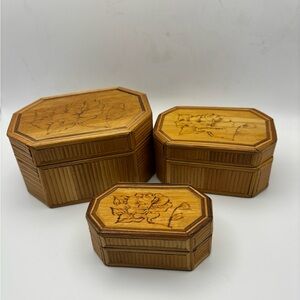 Set of 3 Vintage Straw Marquetry Nesting Trinket Boxes